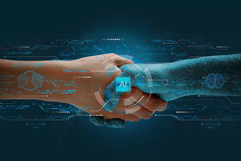 Humans shake hands with AI to show partnership. Machine learning to enable and work together to achieve greater innovation and success. MANIFIESTO compromiso IA responsable